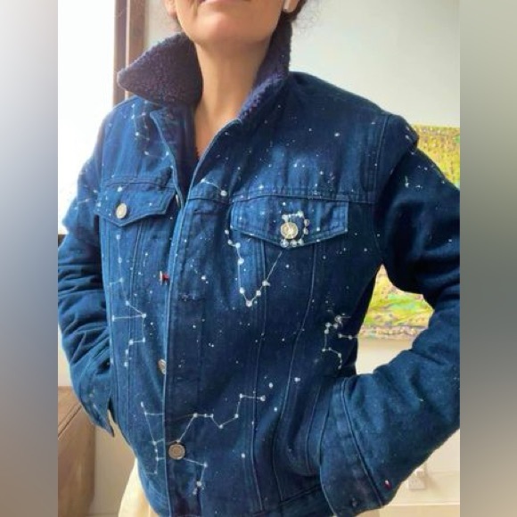 Hand painted silver Astrological Constellation Map on Denim Jean & Sherpa Jacket - Picture 4 of 9